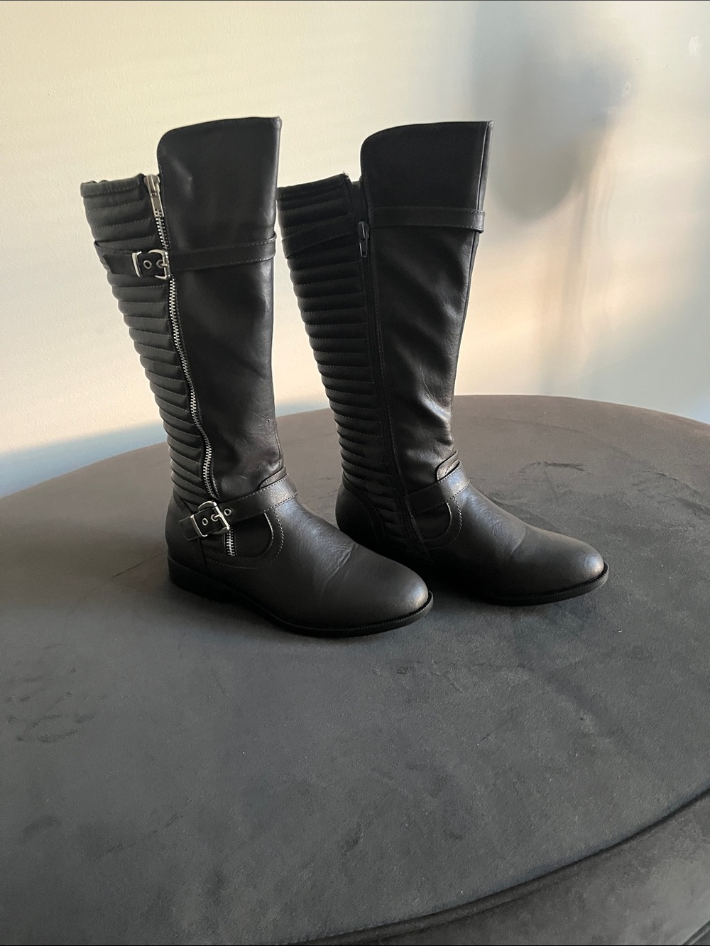Black Tall Riding Boots with Side Zipper and Buckle